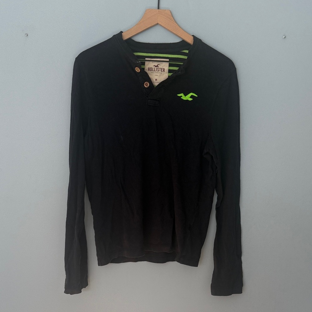 Hollister Navy Blue Henley with Lime Green Logo